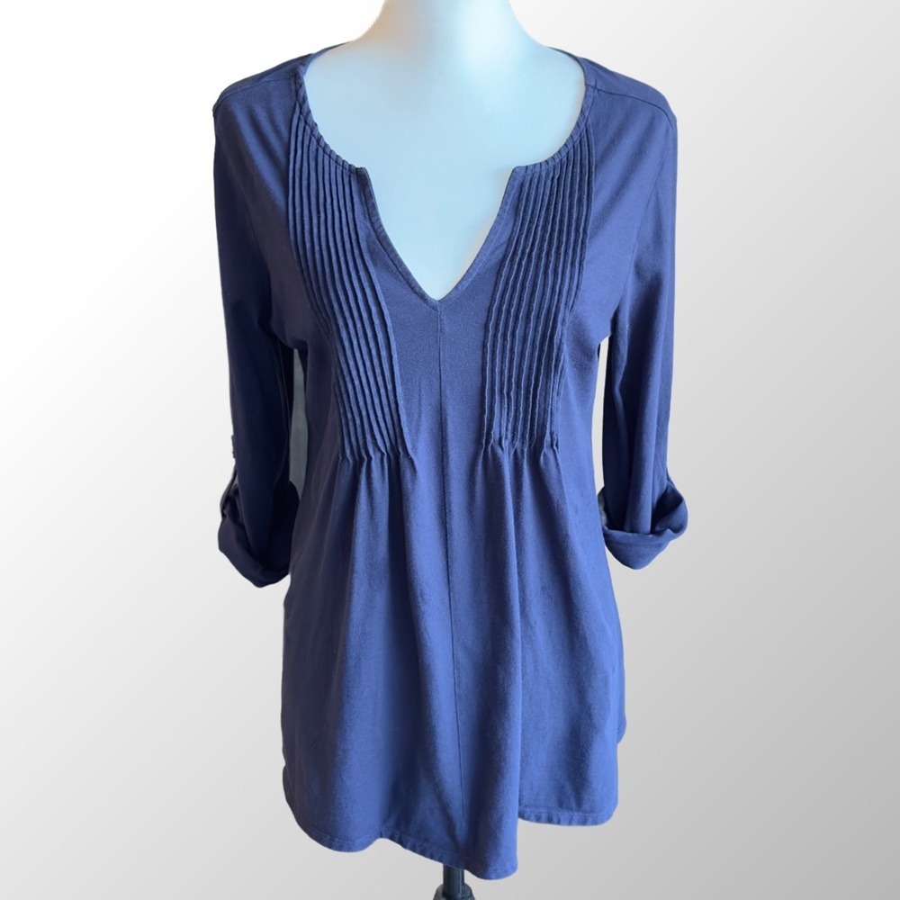 Lilly Pulitzer Tunic Top Women Medium Blue Pintuck Roll Tab Sleeve 69165